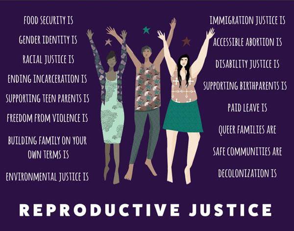 Three bodies stand with arms raised on purple background text reads: food security is gender identity is racial justice is ending incarceration is supporting teen parents is freedom from violence is building family on your own terms is enivornmental justice is immigration justice is accessible abortion is disability justice is supporting birthparents is paid leave is queer families aresafe communities are decolonization is reproductive justice.