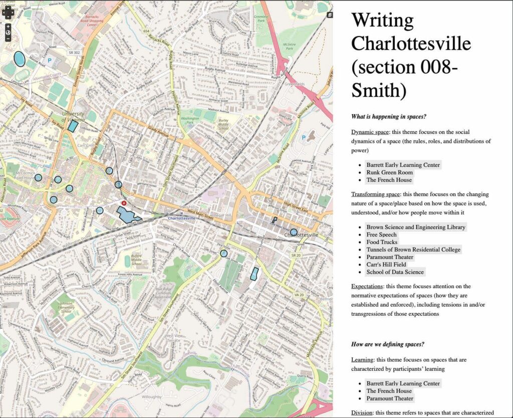 A screenshot of a Neatline map created by a Writing Charlottesville class in 2019. Each student’s research site is highlighted on the map with blue shapes. On the right side of the image is a legend, including collaboratively written research “themes”' by which research sites are organized.