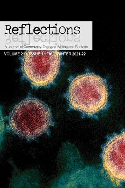 The cover of the Reflections 21.1 issue. It includes a micoscope view of coronavirus. The round cells are read in the middle with a yellow ring around the outside, and spike proteins.