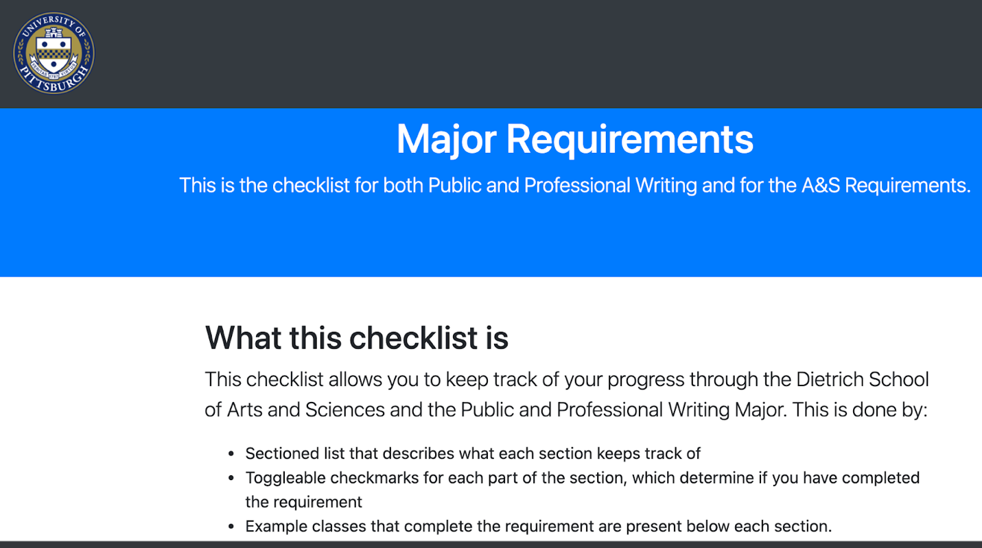 Figure 1: Sample page displaying required courses for a writing major.